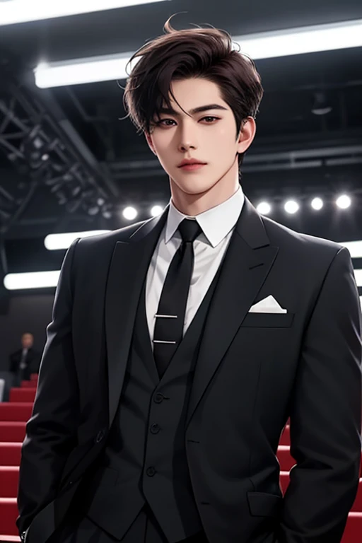 Man, handsome man, Korean Bad Boy, Super detail, Super detail information, Cinema lighting, single, standing, studio, front view audience, comic style, suit and tie, dark hair, messy bangs, emoji hair, model, pose, side view