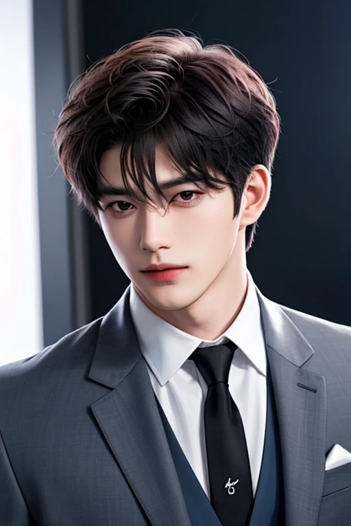 Man, handsome man, Korean Bad Boy, Super detail, Super detail information, Cinema lighting, single, standing, studio, front view audience, comic style, suit and tie, dark hair, messy bangs, emoji hair, model, pose, side view