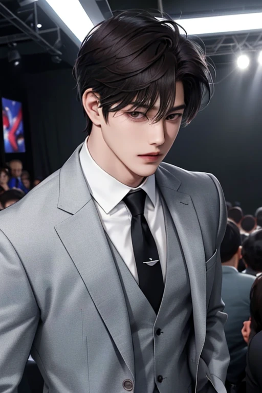 Man, handsome man, Korean Bad Boy, Super detail, Super detail information, Cinema lighting, single, standing, studio, front view audience, comic style, suit and tie, dark hair, messy bangs, emoji hair, model, pose, side view