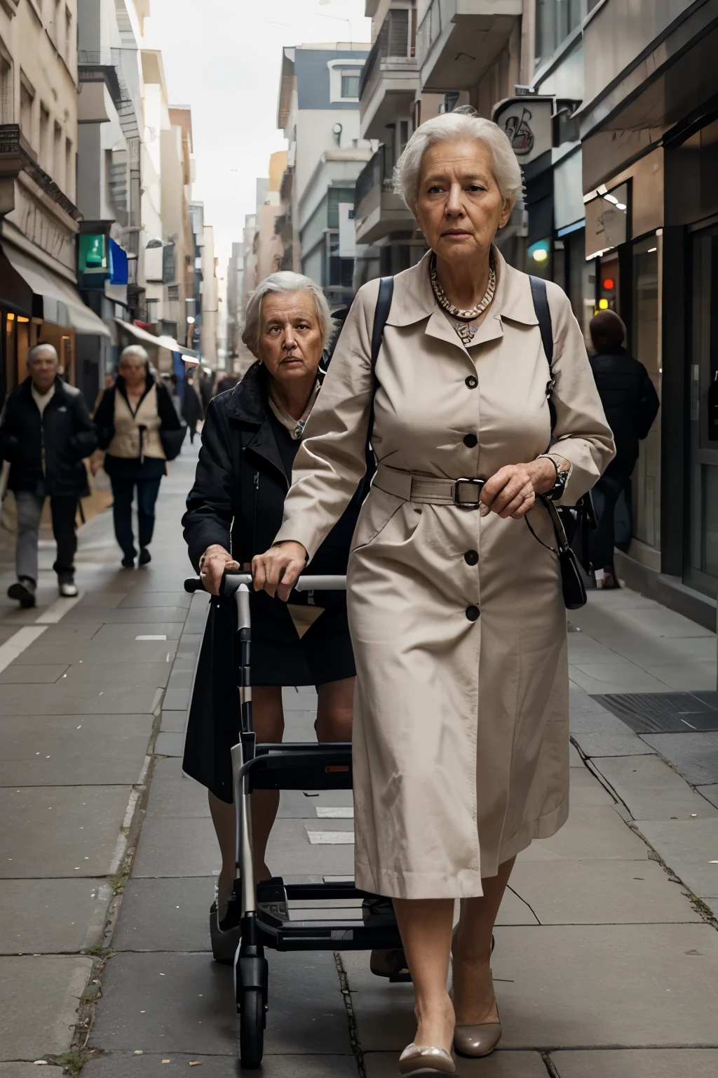 walkers. someone using a walker, elderly. High definition, realistic graphic, HD, elder lady using walker, walking in street. detailed face. Lady is holding onto the walker. create realistic image. 4k, HD, best quality, camera quality