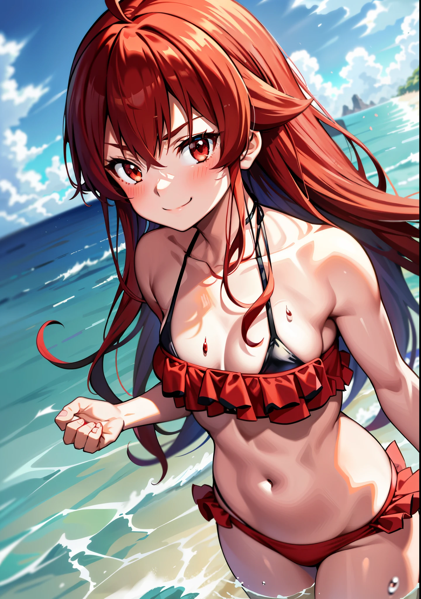 Eris Greyrat, (1 girl:1.3), alone, Ahoge, bangs, smile, hair between eyes, long hair, looking at the viewer, red eyes, redhead, (Red ruffled bikini:1.3), alone, High resolution, harm, mushoku tensei, cowboy shot, (In the water:1.3), Water