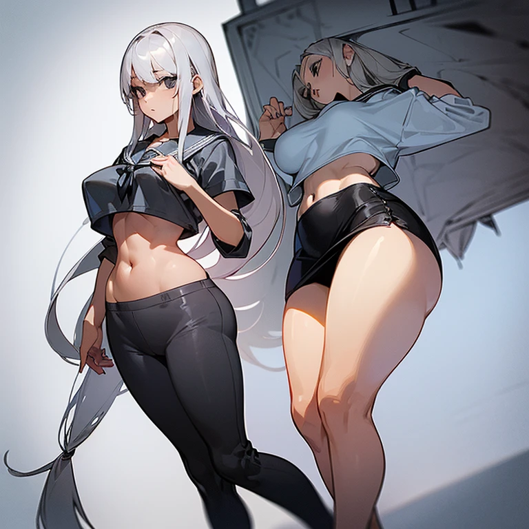 anime girl in short shorts and a white shirt posing for a picture, (sfv) safe to work, 2 b, 2b, New Xiangcheng, Kantai collection style, thicc, [ 4 K digital art ]!!, Honest, trending on cgstation, seductive anime girls, Female protagonist 👀 :8, perfectly shaded body, Clothing that exposes，Big abs，All muscular legs