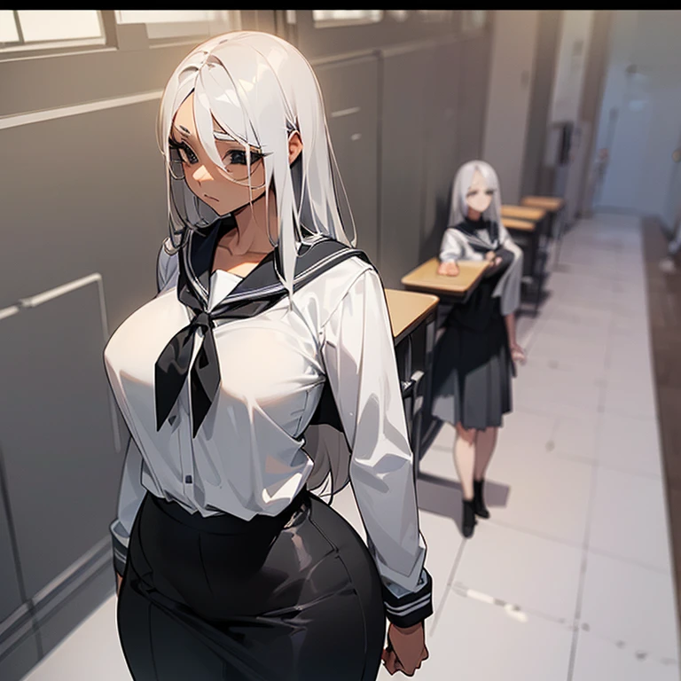 (((I want a woman with light skin, completely black eyes, long gray hair, body with slight curves, medium breasts, wearing school clothes)))