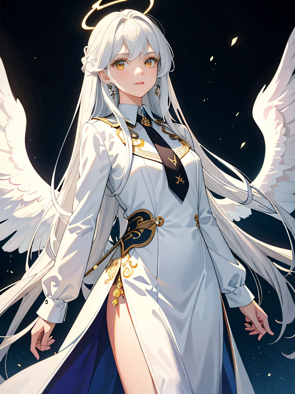 Masterpiece of ultra-detailed art, best quality:1.3,
One girl depicted solo,
White hair with messy and long strands cascading down her back,
Angel wings and halo gracing her head, adding a divine aura,
Flat chest,
Yellow eyes that sparkle with an otherworldly glow,
White shirt underneath, complemented by a black necktie and open black coat,
Cowboy pose with one hand on her hip and the other arm resting behind her back, exuding confidence and strength,
Dramatic cinematic lighting casting deep shadows and highlighting every detail,
Glowing light particles accentuating her presence, making her