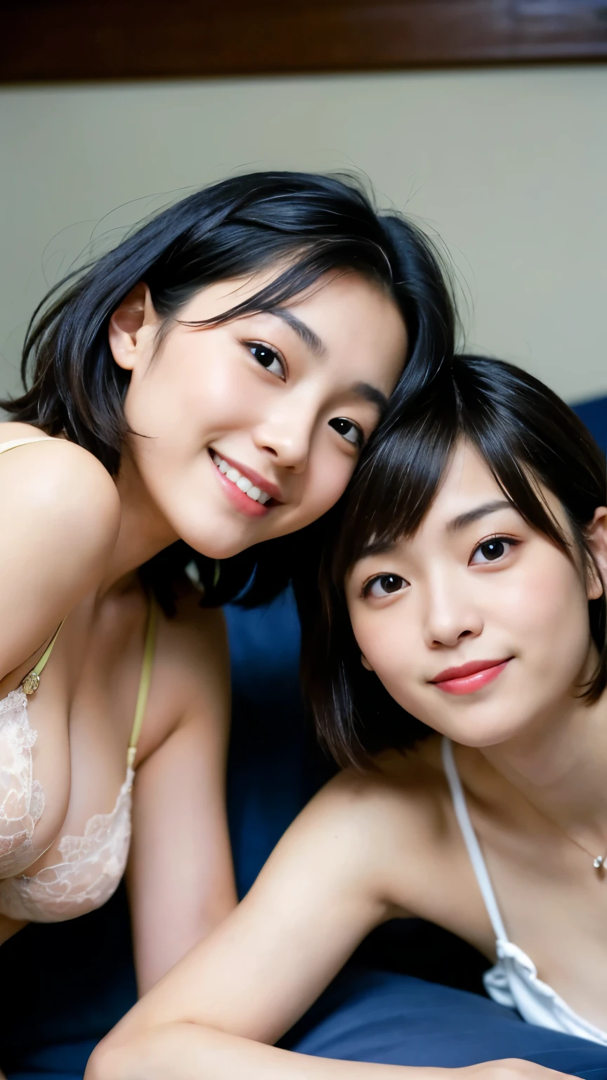 Best-quality, Masterpiece, Ultra-High-Resolution, (Photorealistic:1.4), Raw-Photo, ((1-lesbian-couple), making love in bed, enjoying sexual-activity, looking at each other, innocent-smile),
(1girl, (), the most famous Japanese idol, extremely childish face, extremely cute face like the most popular Japanese idol, (extremely beautiful short-cut-haired), skinny),
(1woman, (25-year-old), the most famous Japanese actress, extremely beautiful face like the most popular Japanese actress, (extremely beautiful long-hair), perfect-proportion)