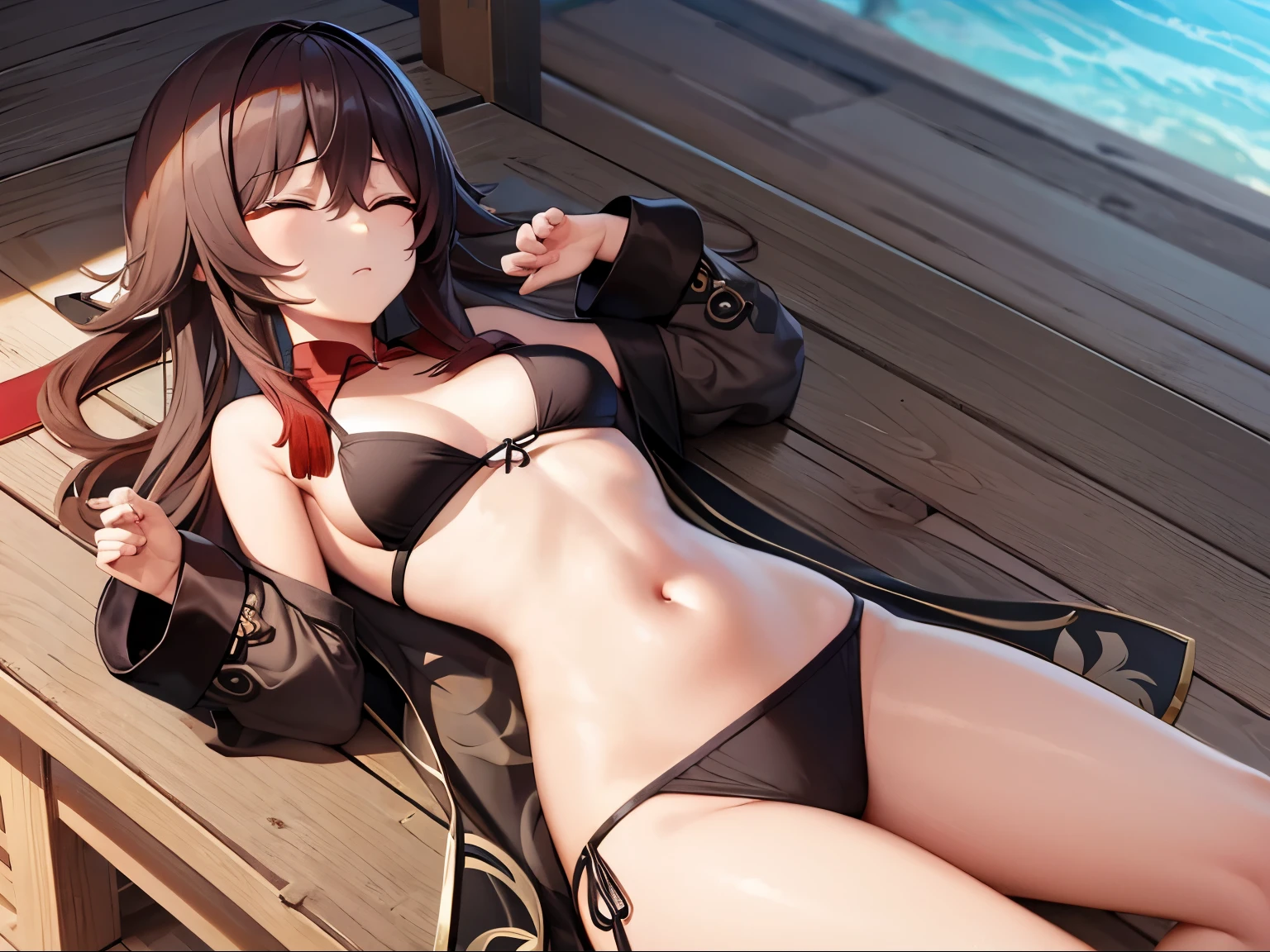 Hu tao Genshin impact, Bikini, black Bikini , sleeping, 