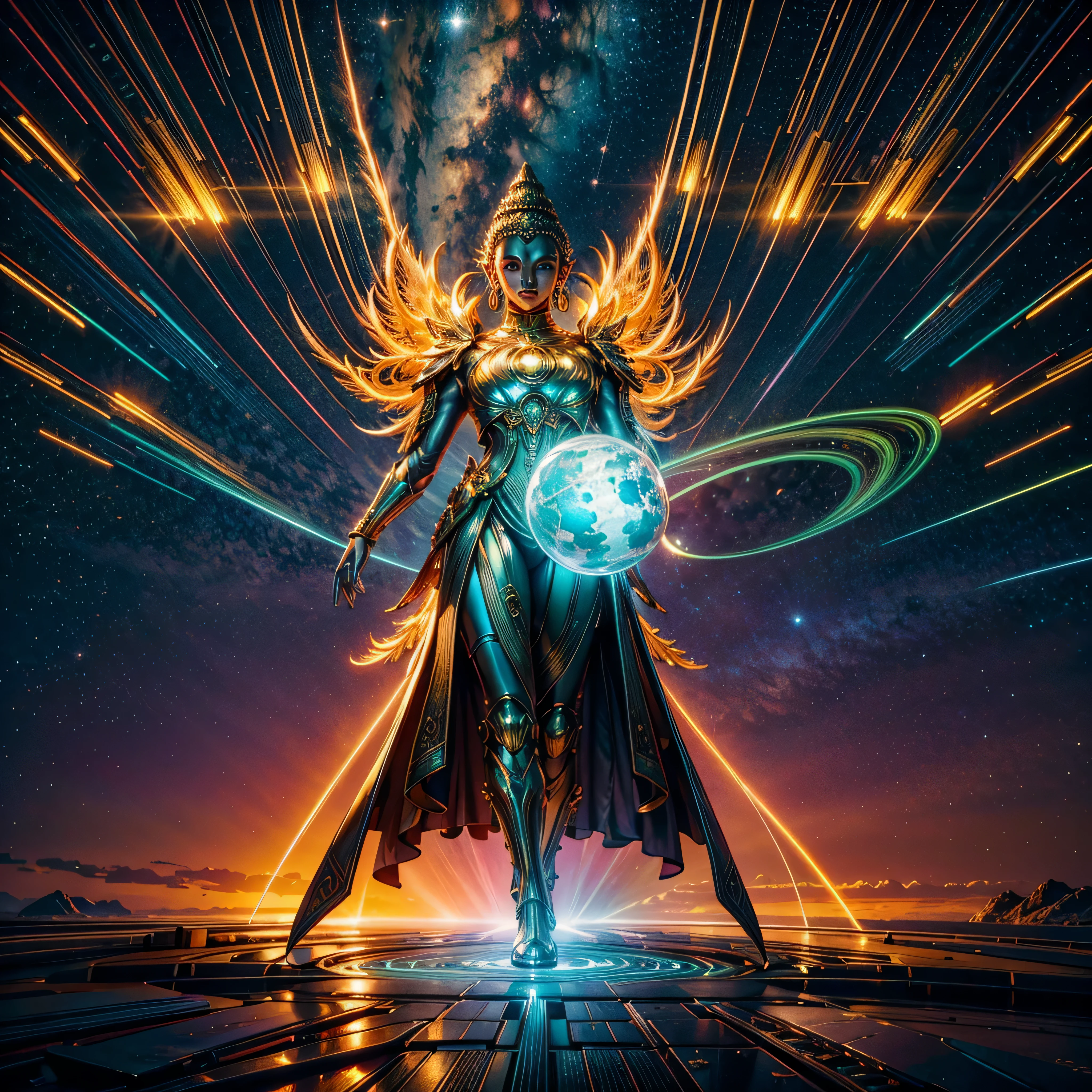 Will-o'-the-wisp dazzling Symmetrical Duddha_Interstellar (Galaxy stars Nebula Spacious Sunrise evening_glow distant_view Sunset rich_colors colorful wide-angle_lens shooting_evening positive_film naturalistic_style),A highly detailed, futuristic scene with a vibrant color palette and neon lights. The focal point of the scene a magnificent Golden Buddha statue, radiating a sense of peace and tranquility. The statue made of pure gold and shines brightly, reflecting the neon lights around it. The surrounding environment filled with futuristic elements, such as sleek buildings, flying cars, and holographic advertisements. The colors in the scene are intense and vibrant, incorporating shades of blues, purples, pinks, and greens. The neon lights illuminate the surroundings, casting a surreal and vibrant glow. The overall atmosphere both awe-inspiring and serene, blending the traditional beauty of the Golden Buddha with the cutting-edge aesthetics of the future. Everything in the scene highly detailed and realistic, with every intricate feature of the Buddha statue captured flawlessly. The lighting carefully designed to highlight the beauty of the statue and create a mesmerizing ambiance.optimal bright_color dappled_sunLight meticulously intricate ultra_high-details ultra_high-res hyper pro-Photo-realistic ultra_high-quality ultra_high-def UHD XT3 DSLR HDR extreme improved Octane-rendered opengl-shaders glsl-shader romm rgb pbr shading 3DCG fxaa global illumination cgi vfx sfx fkaa txaa rtx ssao post-processing post-production cell-shading tone-mapping Ultra_sharpness focus accurate max saturate reflex analogique Vivid DSLR color-coded luminescence volumetric Cinematic_Sunrise lightning contrast incandescent Cristallines floraison zentangle fleuraison varied multi etc. --v 6 --s 1000 --c 20 --q 20 --chaos 100