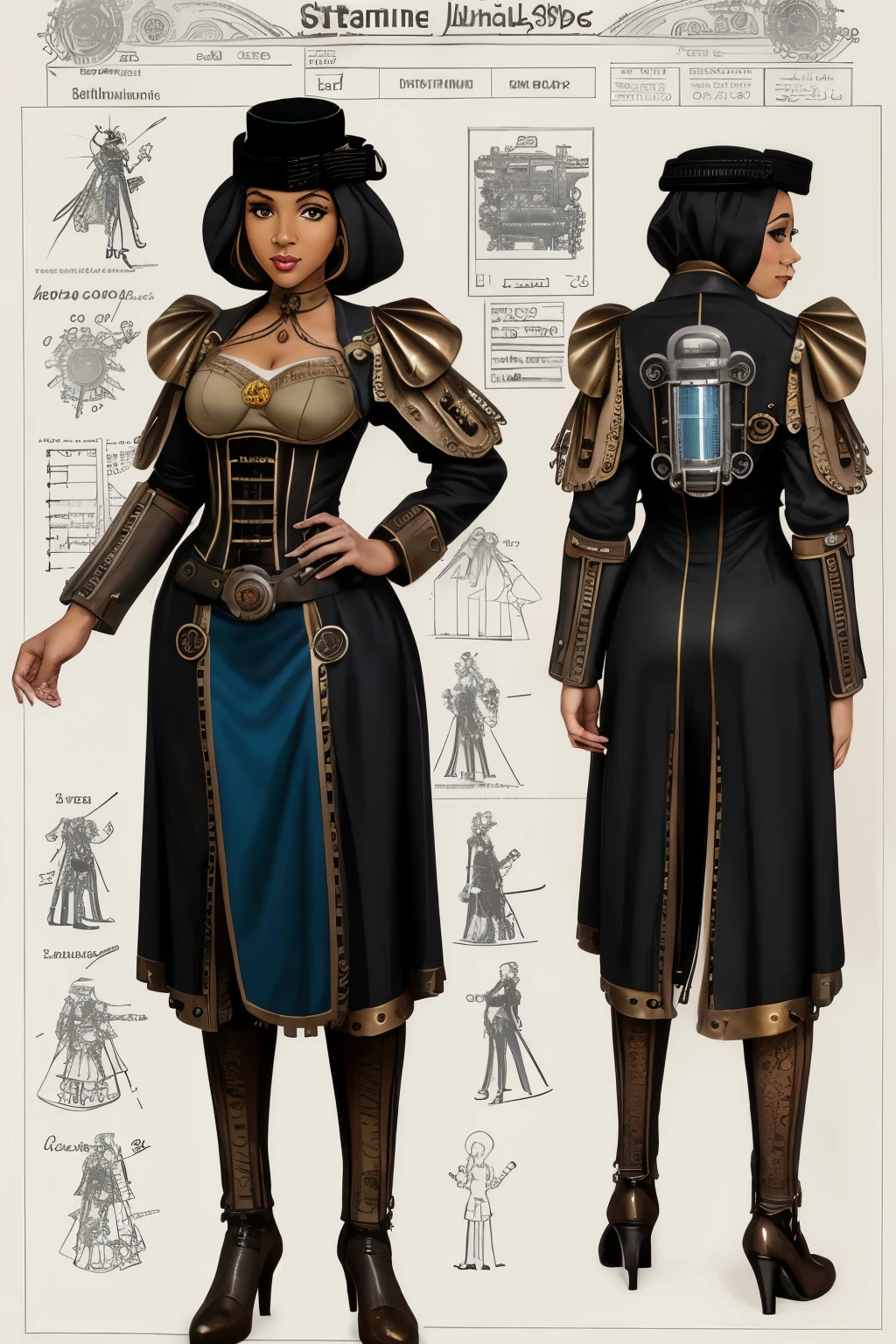 Arabian black female noble, cloth have steampunk and Arabian ecstatic, full body, shot mix of bold dark lines and loose lines, bold lines, on paper, turnaround character sheet, a short fat mechanic in steampunk world,