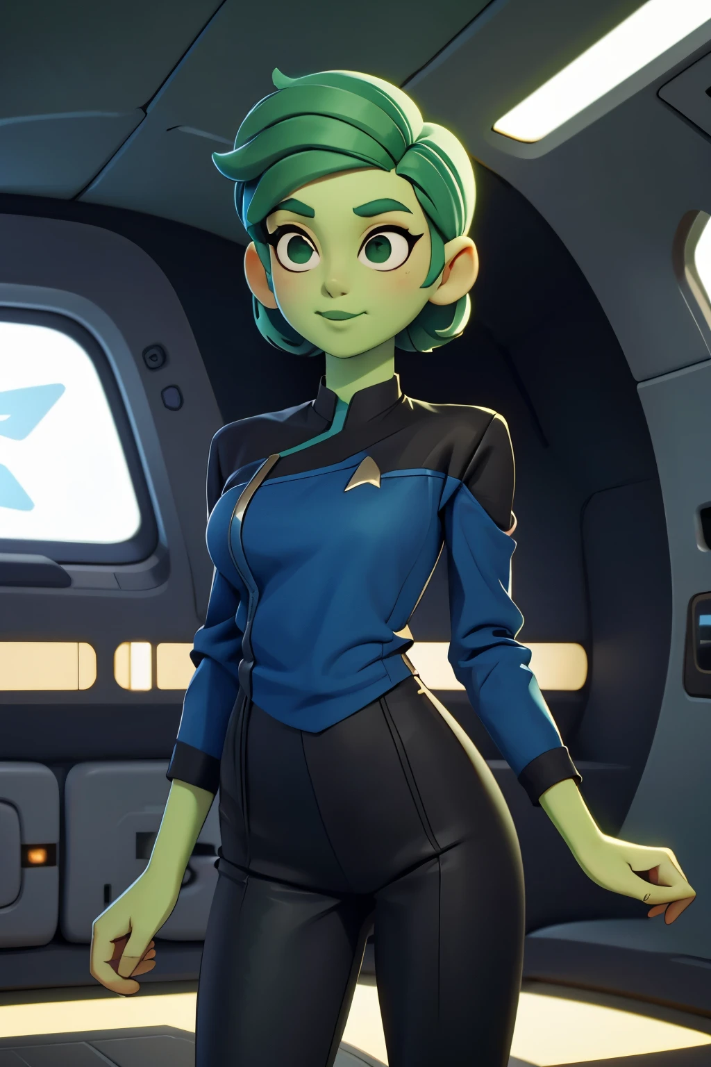 gorgeous D'vana, Star Treck Lower Decks, green skin, very short green hair