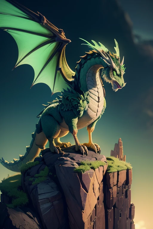 Dragon with wings on top of a cliff, color verde, fuego, llamas, lanzando llamas en la boca (obra maestra), Mejor calidad, high resolution, 4k, 8k, detailed illustration, detalle intrincado, cinematic lighting, amazing quality, Amazing shading, Soft lighting