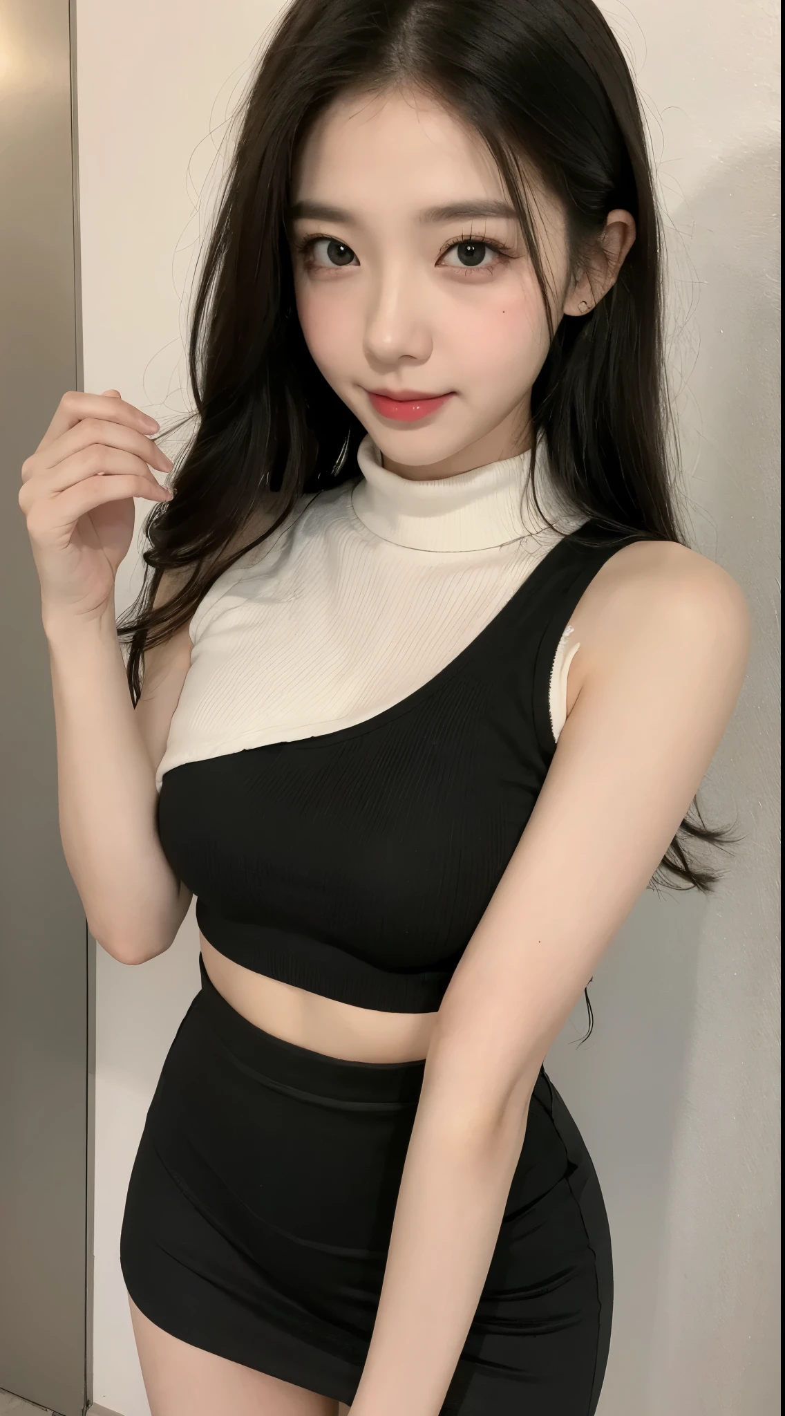 1 girl, actual, tight white shirt, Extremely detailed, smooth skin, 黑色short skirt, Very tight clothes, bulging, looking at camera, Red-faced, Awkward, open lips smile, big deal eyes, cute face, long black curly hair, green eyes, thin waist, big deal , 巨big deal臀部, The thighs are particularly thick, shirt almost torn, Tight sleeveless turtleneck, short skirt, symmetrical eyes, beautiful eyes, actual eyes, highly detailed eyes