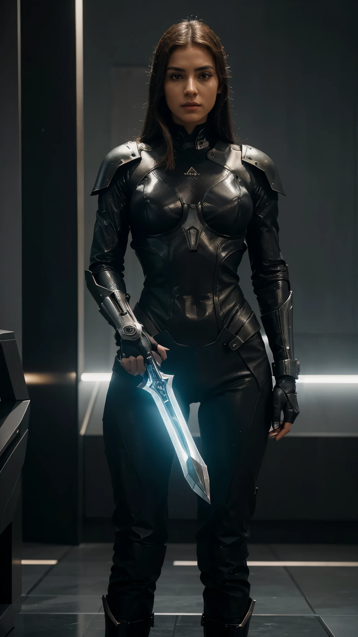"Por favor, generate a sharp image that highlights a stunning, powerful female character, set in an epic and super futuristic setting. The character must display beauty and strength, carrying advanced weapons and a large, shining sword.
Specific details I want to include in the image:
Personagem Feminina: Uma figura feminina impressionante, with features that balance beauty and strength. Details in facial expression, Stylish futuristic posture and attire are essential.
Armas Futuristas: The character must wield futuristic and technologically advanced weapons, enhancing your combat skill. Detalhes nas armas, como luzes de LED, efeitos visuais e design futurista, are important.
Espada Grande e Brilhante: Beyond firearms, a personagem deve carregar uma espada grande e brilhante. The blade must emit an intense light, and details on the hilt and possible ornaments on the sword are crucial.
futuristic backdrop: O ambiente ao redor deve ser super futurista, with elements like futuristic skyscrapers, advanced technology, holograms and stunning lighting. The setting should complement the character’s imposing presence.
Lighting and Visual Effects: Consider dramatic lighting that highlights the character and their equipment, creating visual effects that convey a futuristic and epic atmosphere.
Por favor, make sure the image is clear, full of details and capable of transmitting the unique combination of beauty, strength and futuristic technology associated with this female character in an epic setting."