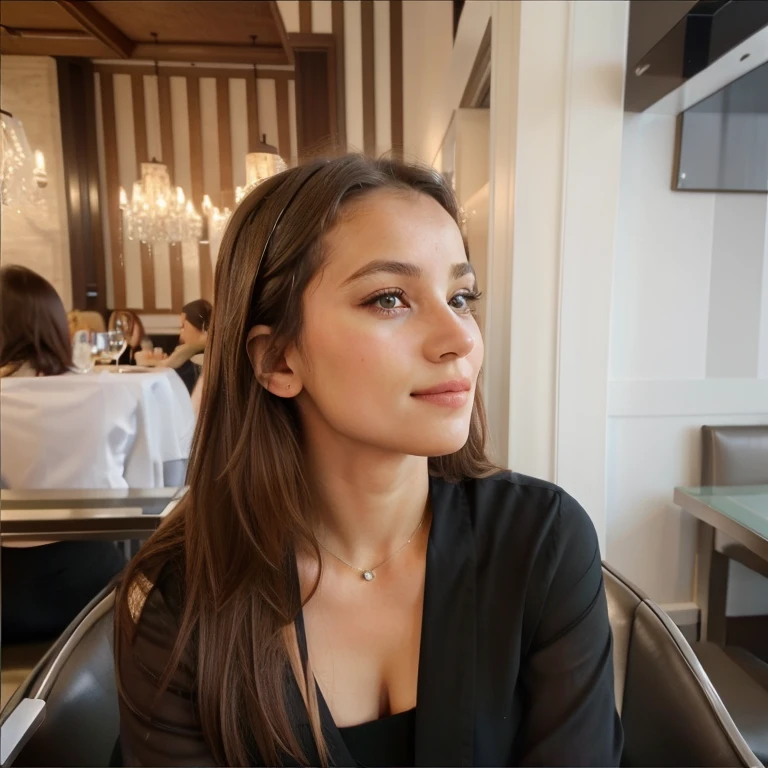 une femme assise sur une chaise dans un restaurant, portrait de haute qualité, visage parfait, yeux parfaits, yeux symétrique, élégante, photo ultra réaliste