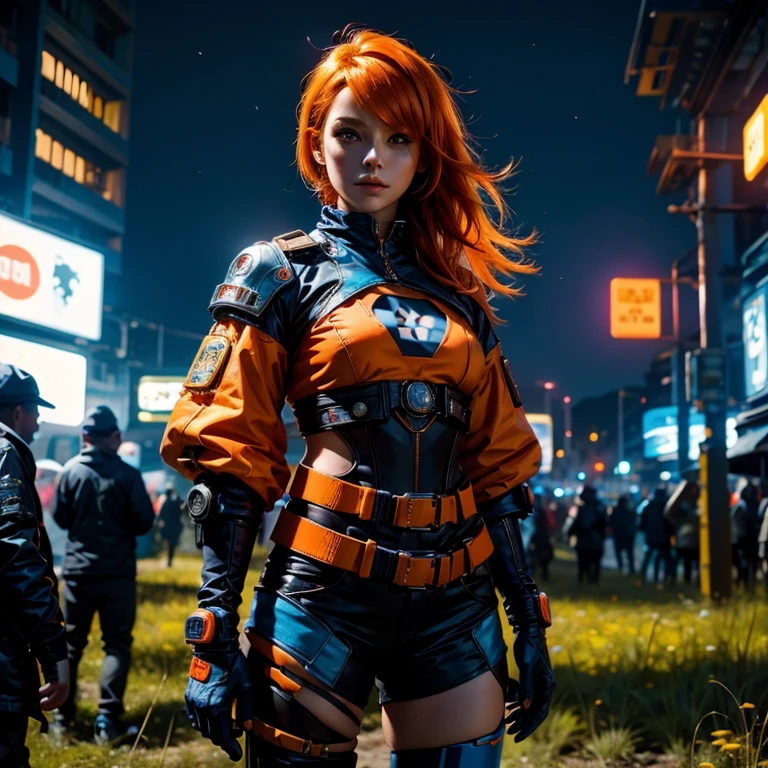 A girl with orange hair, with blue cyberpunk outfit, in a colorful meadow, at night