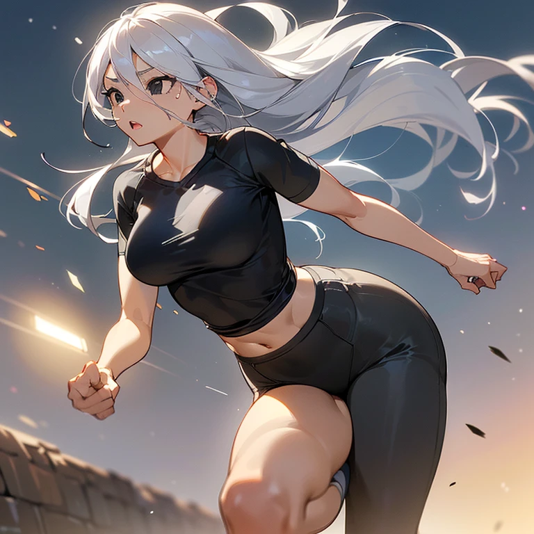 (((I want a woman with light skin, completely black eyes, long gray hair, body with slight curves, medium breasts, wearing training clothes while running in a training area)))