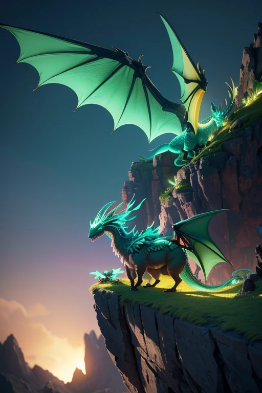 Dragon with wings on top of a cliff, color verde, fuego, llamas, lanzando llamas en la boca (obra maestra), Mejor calidad, high resolution, 4k, 8k, detailed illustration, detalle intrincado, cinematic lighting, amazing quality, Amazing shading, Soft lighting, fuego alrededor.