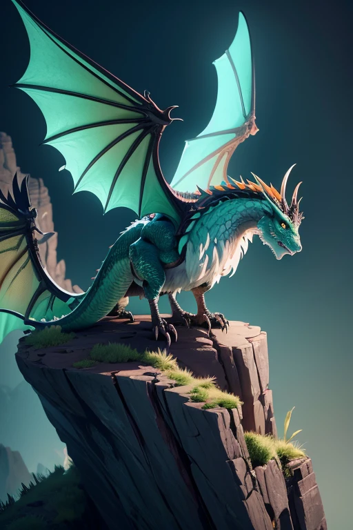 Dragon with wings on top of a cliff, color verde, fuego, llamas, lanzando llamas en la boca (obra maestra), Mejor calidad, high resolution, 4k, 8k, detailed illustration, detalle intrincado, cinematic lighting, amazing quality, Amazing shading, Soft lighting, fuego alrededor.
