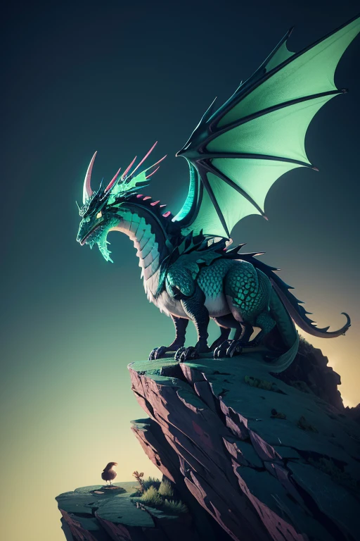 Dragon with wings on top of a cliff, color verde, fuego, llamas, lanzando llamas en la boca (obra maestra), Mejor calidad, high resolution, 4k, 8k, detailed illustration, detalle intrincado, cinematic lighting, amazing quality, Amazing shading, Soft lighting, fuego alrededor.