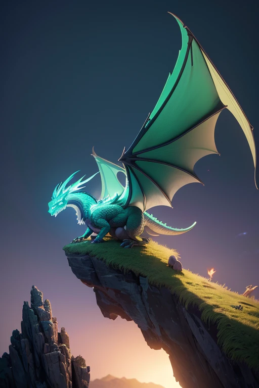 Dragon with wings on top of a cliff, color verde, fuego, llamas, lanzando llamas en la boca (obra maestra), Mejor calidad, high resolution, 4k, 8k, detailed illustration, detalle intrincado, cinematic lighting, amazing quality, Amazing shading, Soft lighting, fuego alrededor.