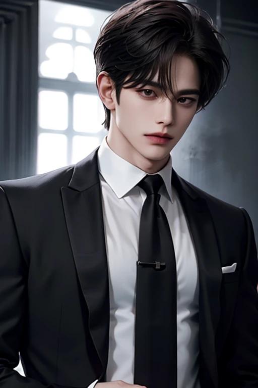 nightclub，Bar setting，Man, Handsome, Korean bad boy, Inside the bar，（blacksuit），sharp look（White color blouse,）， （black necktie），Black pantsuit， Ultra detail,cinematric light, 独奏,standing on your feet，Riman，,Manhwa Style,,brunette color hair,disheveled bangs,Emoji hairstyle,Pose,（Side shooting）