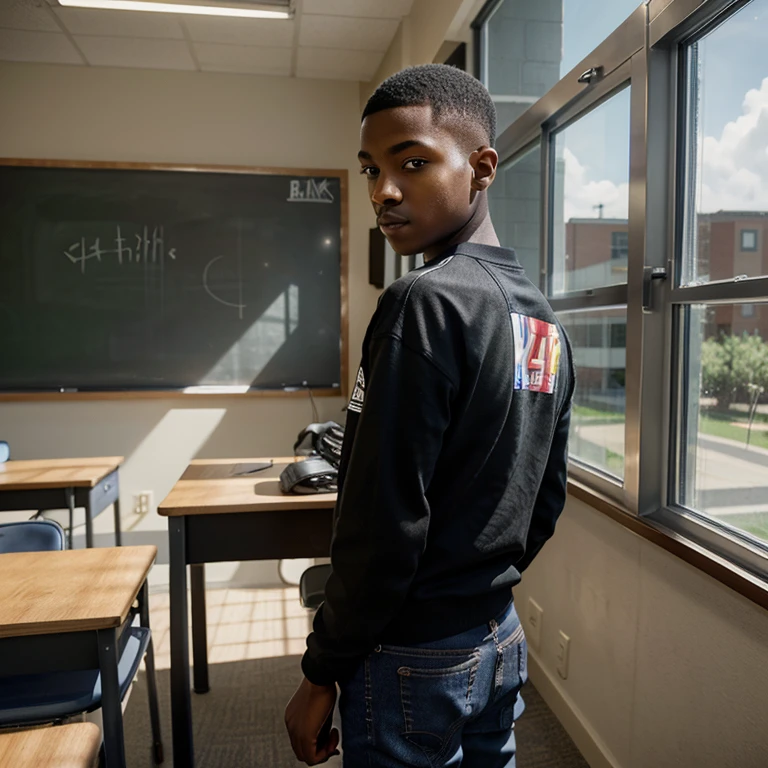 Tall, 14-year-old black boy with short buzz haircut, wearing a jersey printed THABIT at his back, wearing a black jeans concentrating on studying computer in the classroom, facing the window. (best quality, ultra-detailed), realistic, vivid colors, studio lighting, portraits, youthful energy, academic pursuit.