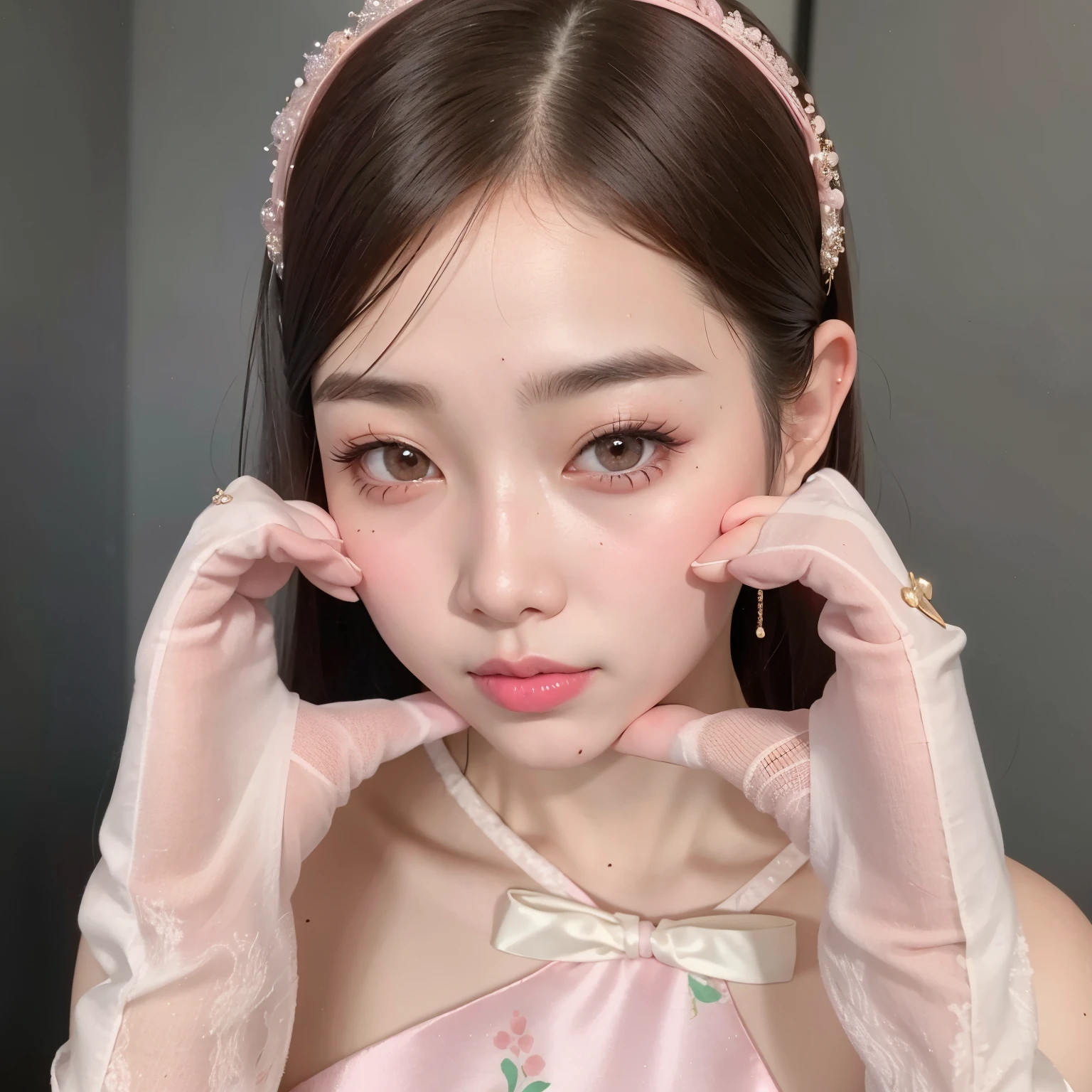 araffe asian woman wearing a pink dress and a tiable, ulzzang, wan adorable korean face, jinyoung shin, popular south korean makeup, jaeyeon nam, clear cute face, young adorable korean face, popular korean makeup, young cute wan asian face, with cute - fine - face, heonhwa choe, yanjun chengt