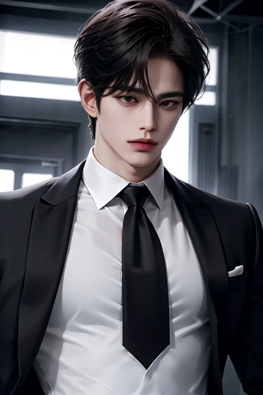 nightclub，Bar setting，Man, Handsome, Korean bad boy, Inside the bar，（blacksuit），sharp look（White color blouse,）， （black necktie），Black pantsuit， Ultra detail,cinematric light, 独奏,standing on your feet，Riman，,Manhwa Style,,brunette color hair,disheveled bangs,Emoji hairstyle,Pose,（Side shooting）