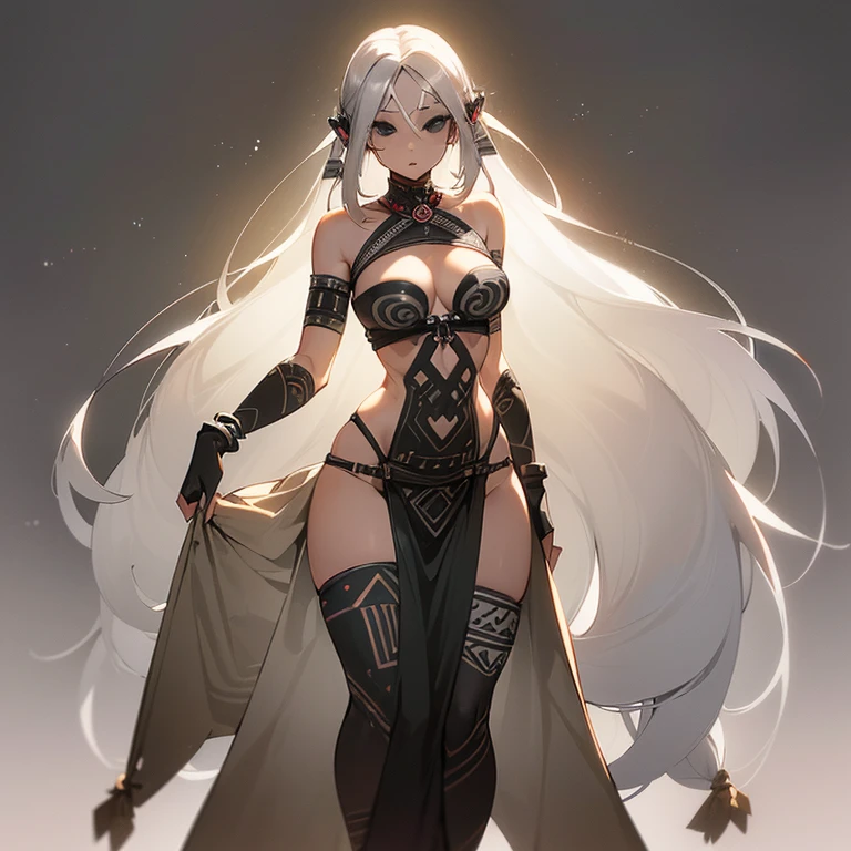 (((I want a woman with light skin, completely black eyes, long gray hair, body with slight curves, , wearing tribal clothes)))