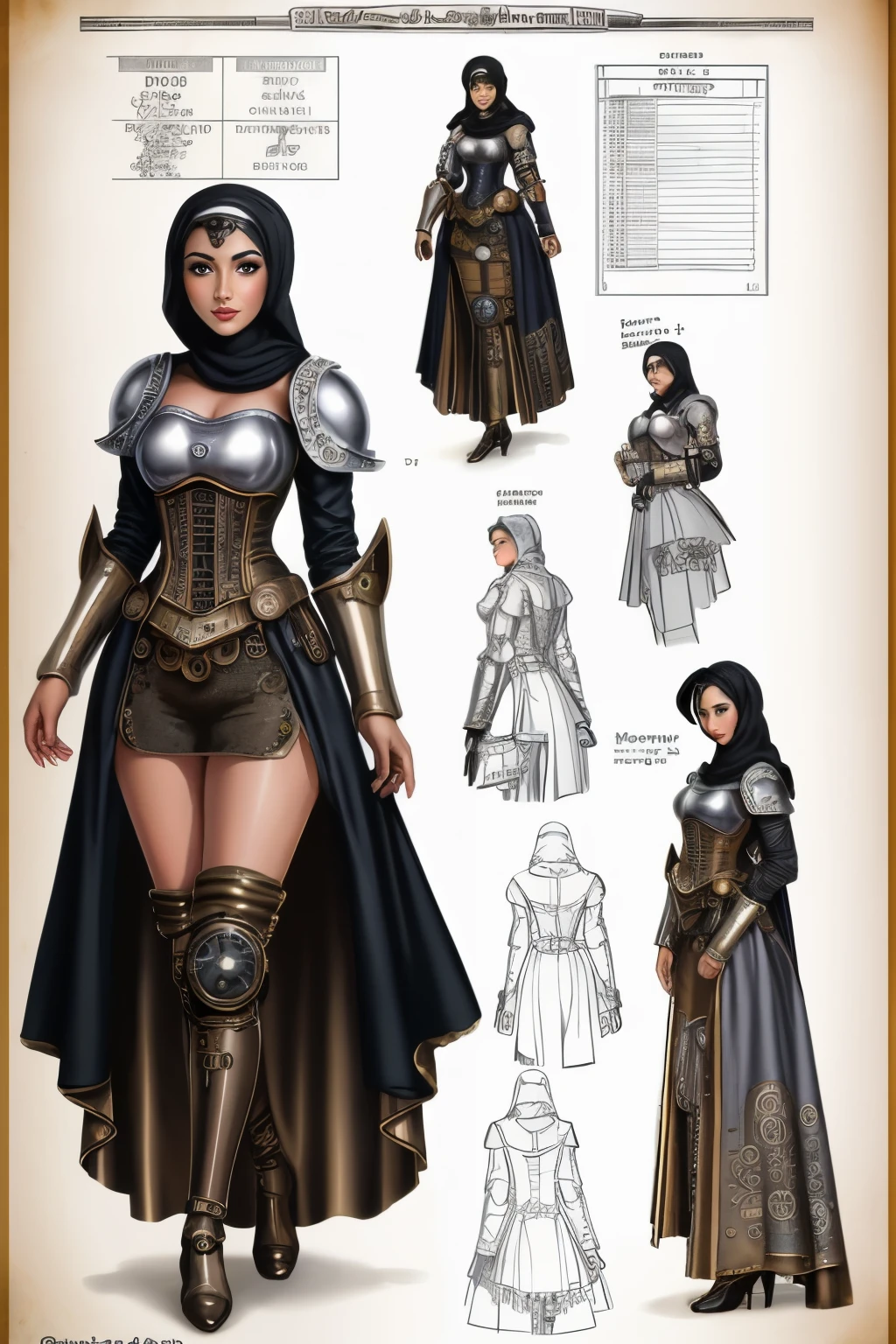 black female steam punk Arabian female knight, a silver cloth have steampunk and Arabian ecstatic, full body,  shot mix of bold dark lines and loose lines, bold lines, on paper, turnaround character sheet, a short fat mechanic in steampunk world, 