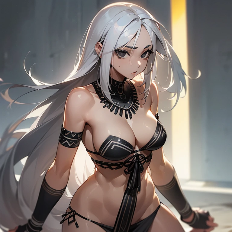 (((I want a woman with light skin, completely black eyes, long gray hair, body with slight curves, medium breasts, wearing tribal clothes)))