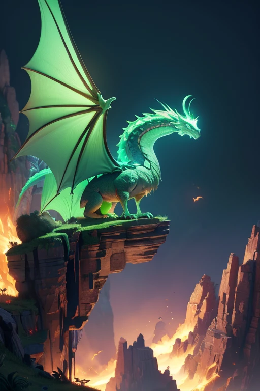 Dragon with wings on top of a cliff, color verde, fuego, llamas, lanzando llamas en la boca (obra maestra), Mejor calidad, high resolution, 4k, 8k, detailed illustration, detalle intrincado, cinematic lighting, amazing quality, Amazing shading, Soft lighting, fuego alrededor.