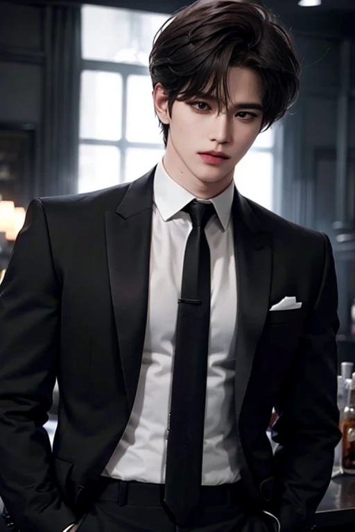 nightclub，Bar setting，Man, Handsome, Korean bad boy, Inside the bar，Bar counter，（blacksuit），sharp look（White color blouse,）， （black necktie），Black pantsuit， Ultra detail,cinematric light, 独奏,standing on your feet，Riman，,Manhwa Style,,brunette color hair,disheveled bangs,Emoji hairstyle,Pose,（Side shooting）