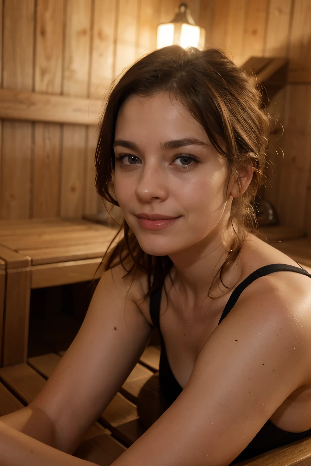 25 Jahre, mittelbraune Haare, in der sauna, lacht

