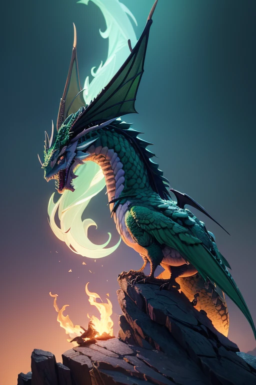 Dragon with wings on top of a cliff, color verde, fuego, llamas, lanzando llamas en la boca (obra maestra), Mejor calidad, high resolution, 4k, 8k, detailed illustration, detalle intrincado, cinematic lighting, amazing quality, Amazing shading, Soft lighting, fuego alrededor.