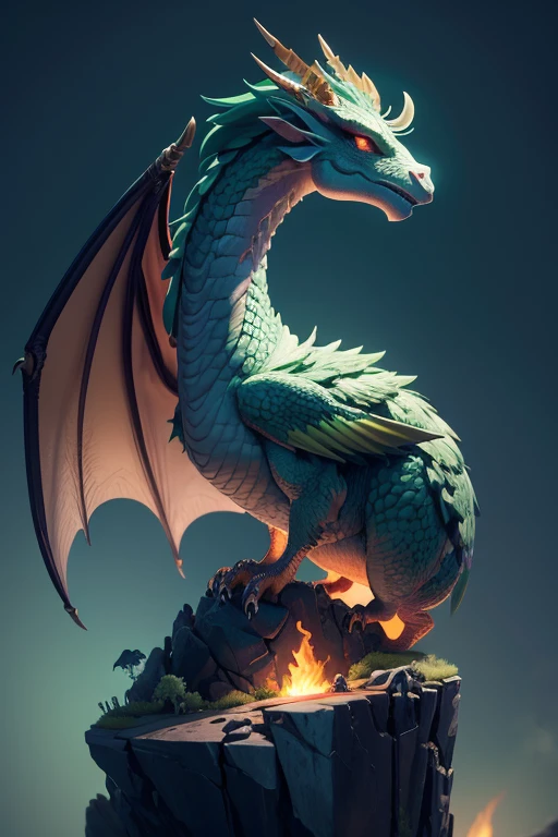 Dragon with wings on top of a cliff, color verde, fuego, llamas, lanzando llamas en la boca (obra maestra), Mejor calidad, high resolution, 4k, 8k, detailed illustration, detalle intrincado, cinematic lighting, amazing quality, Amazing shading, Soft lighting, fuego alrededor.