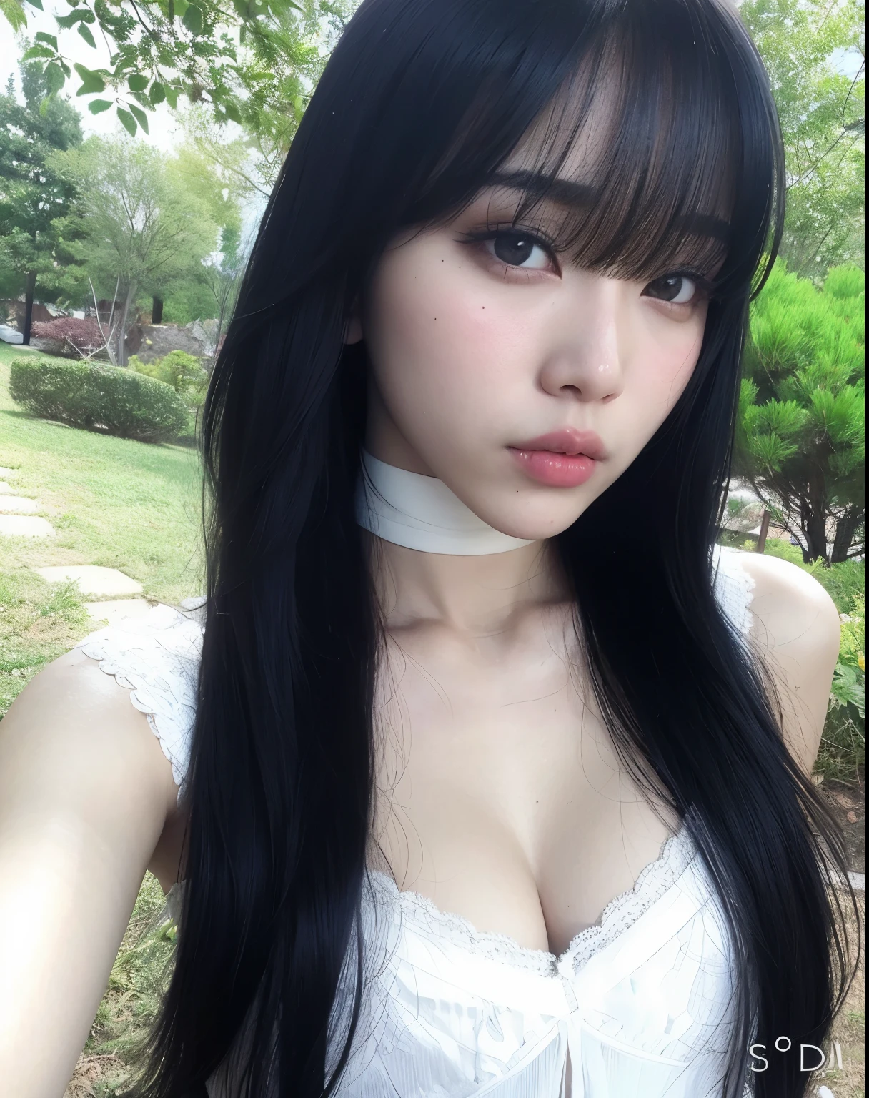 arafed asian woman with long black hair wearing a white dress, ulzzang, she has black hair with bangs, korean girl, long black hair with bangs, cruel korean goth girl, with bangs, long hair with bangs, black hime cut hair, beautiful south korean woman, long straight bangs, with full bangs, long dark hair with bangs