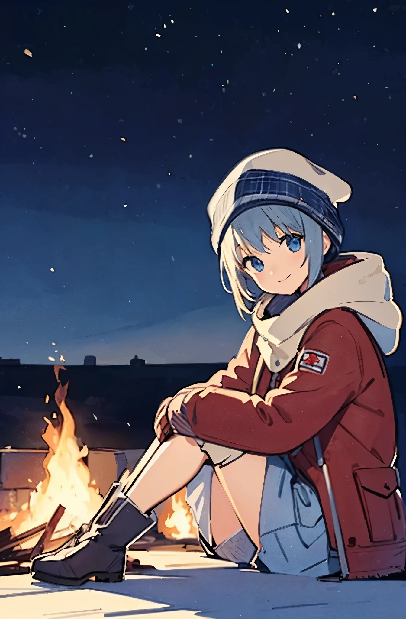 night, nebula, make a bonfire, girl, smile, winter clothing, muffler, sitting, thighs, watercolor, (sketch:1.3), (albert kiefer:1.5),