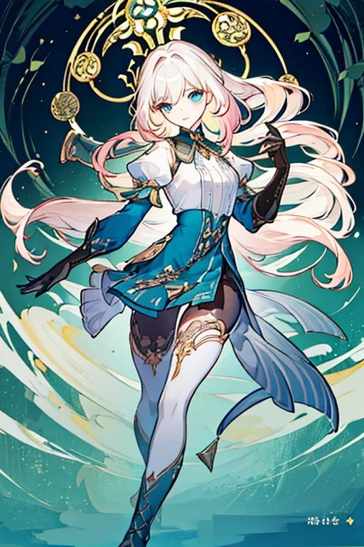 (Masterpiece: 1.5, better quality, high resolution: 1.3, super resolution, super detailed, ultra detailed: 1.3, Rico background: 1.2, 1 girl)) Pale skin + long hair that covers eyes + blond hair + light blue eyes + Long long eyelashes + pink lips + soft thighs + medium chest + long legs + curvilinear body + toned body (blouse with intricate lace, leggings, metal gloves, intricate gabardine, high boots with intricate details) (relaxed expression, stops on two legs, Looking at the viewer holding a scroll, fire) (colors to use: white, lime green, blue, black, silver, golden, gray)