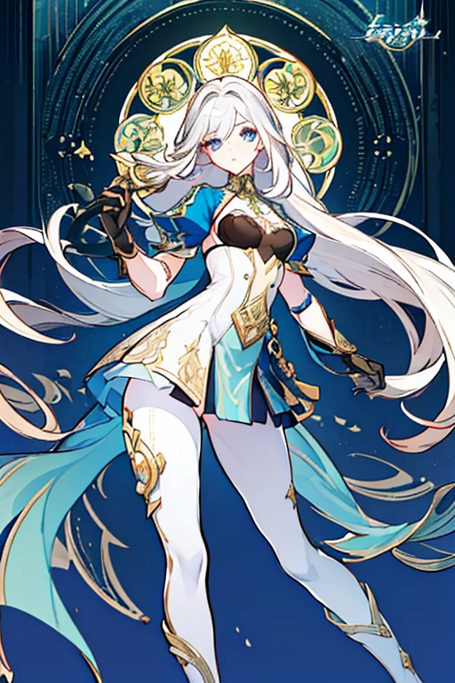 (Masterpiece: 1.5, better quality, high resolution: 1.3, super resolution, super detailed, ultra detailed: 1.3, Rico background: 1.2, 1 girl)) Pale skin + long hair that covers eyes + blond hair + light blue eyes + Long long eyelashes + pink lips + soft thighs + medium chest + long legs + curvilinear body + toned body (blouse with intricate lace, leggings, metal gloves, intricate gabardine, high boots with intricate details) (relaxed expression, stops on two legs, Looking at the viewer holding a scroll, fire) (colors to use: white, lime green, blue, black, silver, golden, gray)