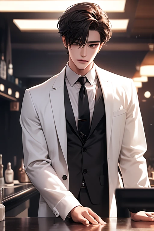 nightclub,Bar setting,Man, Handsome, Korean bad boy, Inside the bar,Bar counter,(blacksuit),sharp look(White color blouse,), (black necktie),Black pantsuit, Ultra detail,cinematric light, 独奏,standing on your feet,Riman,,Manhwa Style,,brunette color hair,disheveled bangs,Emoji hairstyle,Pose,(Side shooting)