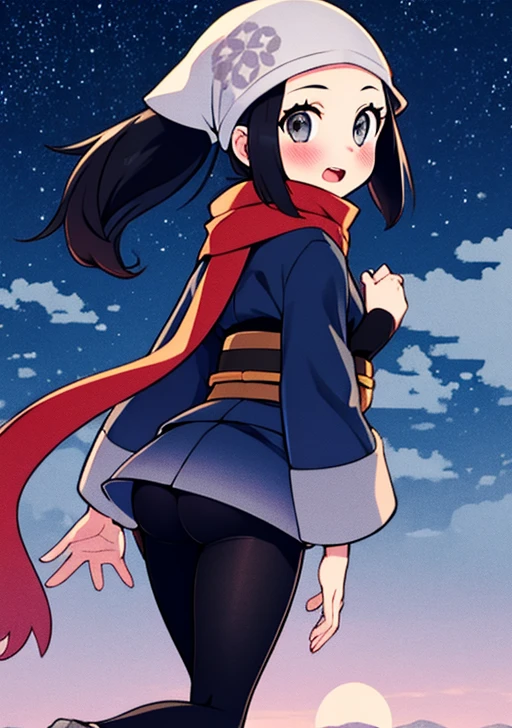 akari, 1girl, solo, long hair, looking at viewer, blush, open mouth, skirt, shirt, black hair, jacket, ponytail, ass, pantyhose, sidelocks, outdoors, sky, looking back, cloud, twitter username, scarf, grey eyes, sash, black shirt, eyelashes, night, floating hair, white headwear, moon, star (sky), night sky, full moon, grey skirt, red scarf, grey jacket, head scarf, galaxy expedition team survey corps uniform, floating scarf