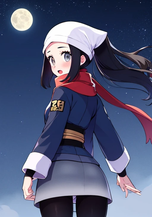 akari, 1girl, solo, long hair, looking at viewer, blush, open mouth, skirt, shirt, black hair, jacket, ponytail, ass, pantyhose, sidelocks, outdoors, sky, looking back, cloud, twitter username, scarf, grey eyes, sash, black shirt, eyelashes, night, floating hair, white headwear, moon, star (sky), night sky, full moon, grey skirt, red scarf, grey jacket, head scarf, galaxy expedition team survey corps uniform, floating scarf