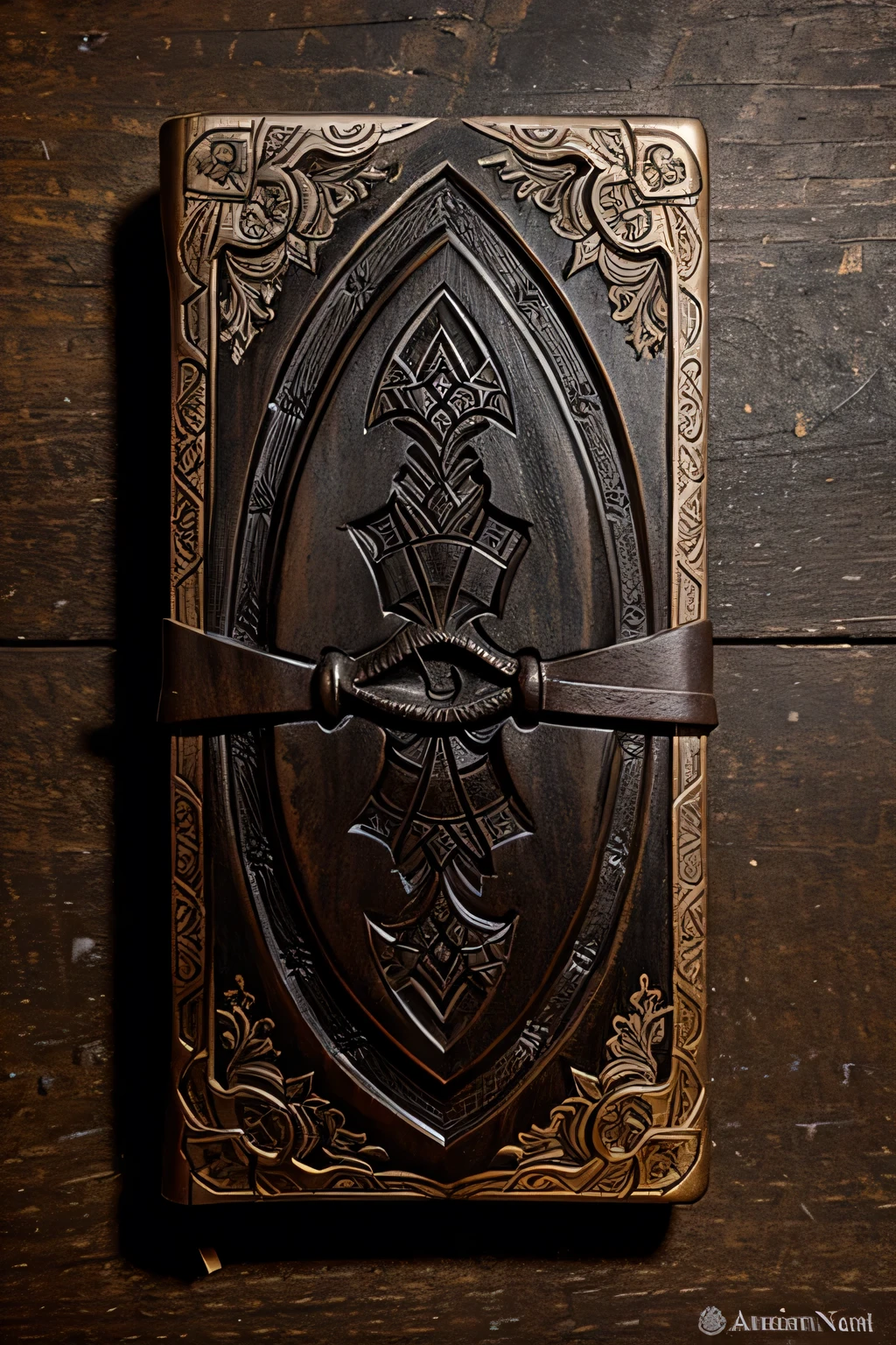craft a hardcover grimoire cover with a carved iron plate, uma bigorna e armas