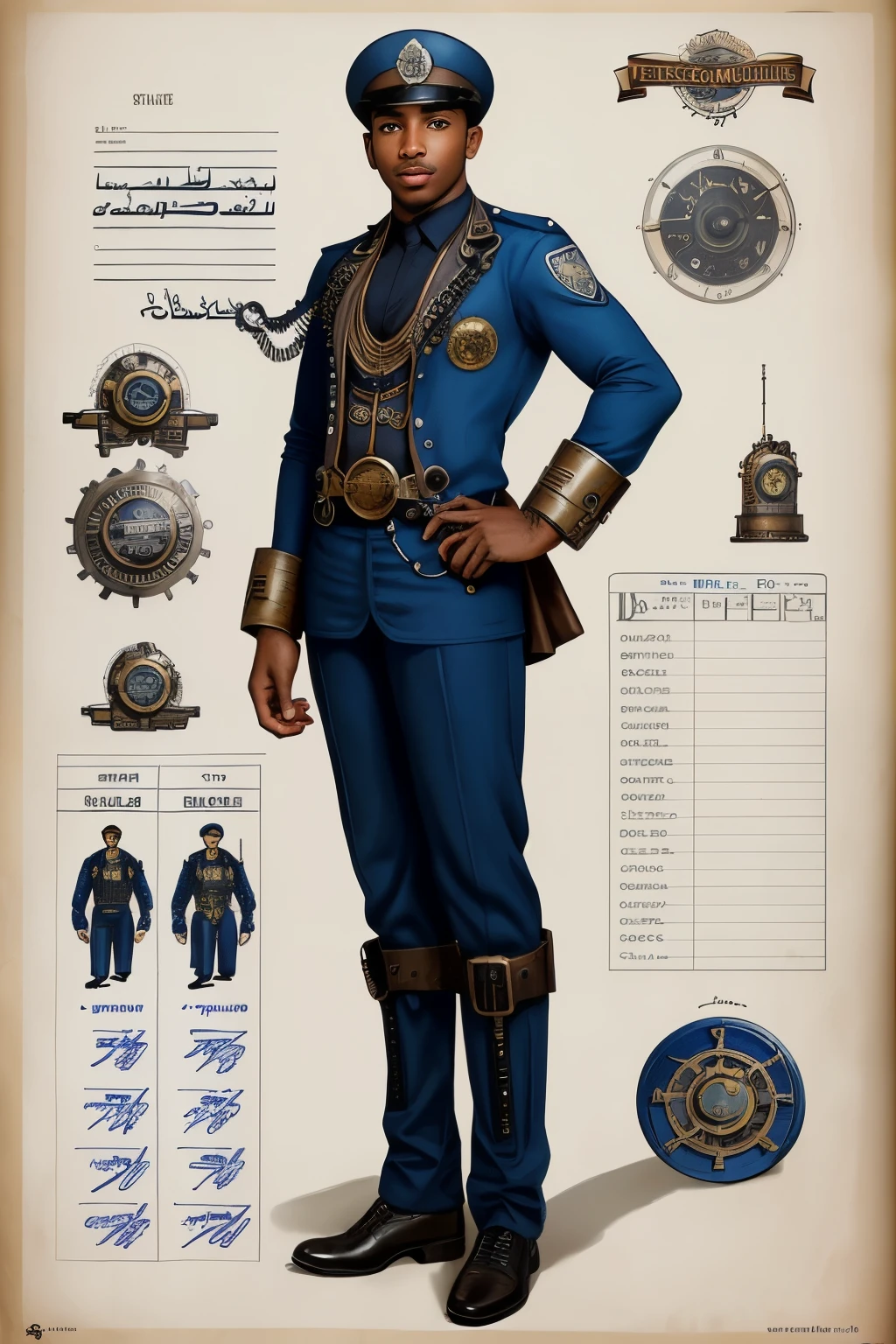 black male steam punk Arabian male police, a blue cloth have steampunk and Arabian ecstatic, full body,  shot mix of bold dark lines and loose lines, bold lines, on paper, turnaround character sheet, a short fat mechanic in steampunk world, 