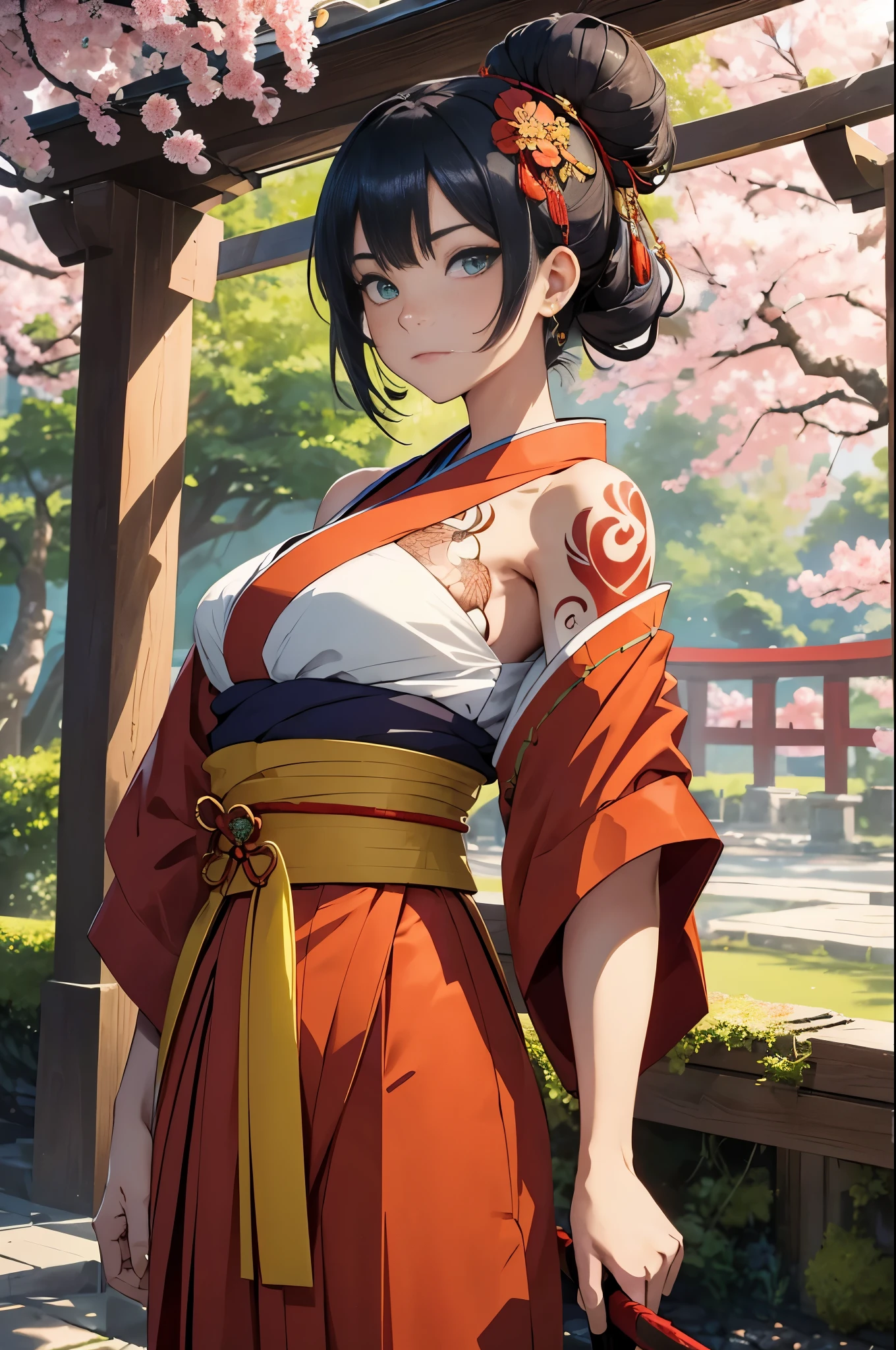 Ultra-detailed, masterpiece, best quality, Goemon girl, solo, striking features, short hazel hair styled in a topknot, piercing green eyes with slanted cat-like corners, detailed freckles across the bridge of her nose and cheeks, intricately designed tattoos covering her arms and torso, representing the symbols of fortune and justice, wearing a traditional Goemon outfit consisting of a red and gold hakama, a blue kimono, and a brown obi belt, surrounded by lush greenery and blooming cherry blossoms, creating a peaceful and serene atmosphere, a traditional Japanese fan in one hand and a katana sword concealed in a hidden sheath