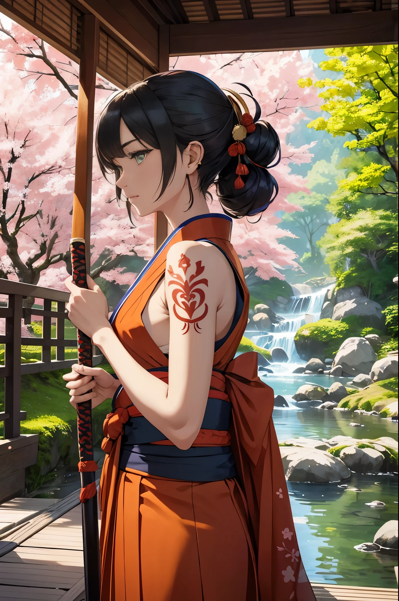 Ultra-detailed, masterpiece, best quality, Goemon girl, solo, striking features, short hazel hair styled in a topknot, piercing green eyes with slanted cat-like corners, detailed freckles across the bridge of her nose and cheeks, intricately designed tattoos covering her arms and torso, representing the symbols of fortune and justice, wearing a traditional Goemon outfit consisting of a red and gold hakama, a blue kimono, and a brown obi belt, surrounded by lush greenery and blooming cherry blossoms, creating a peaceful and serene atmosphere, a traditional Japanese fan in one hand and a katana sword concealed in a hidden sheath