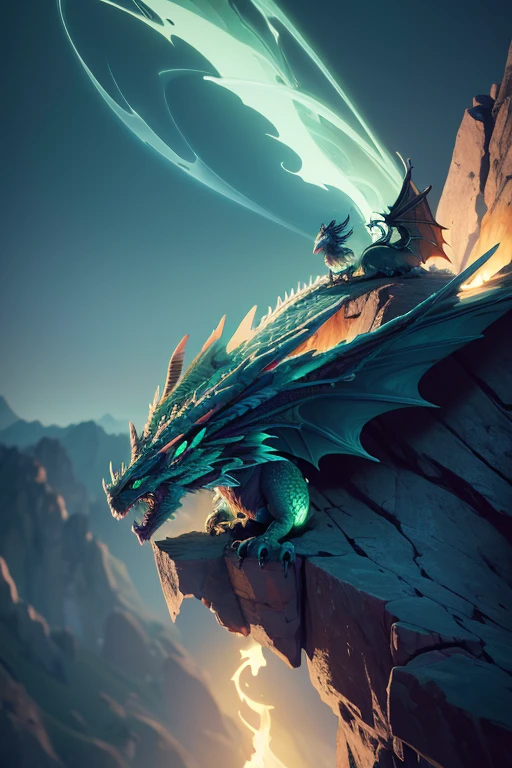 Dragon with wings on top of a cliff, color verde, fuego, llamas, lanzando llamas en la boca (obra maestra), Mejor calidad, high resolution, 4k, 8k, detailed illustration, detalle intrincado, cinematic lighting, amazing quality, Amazing shading, Soft lighting, fuego alrededor.