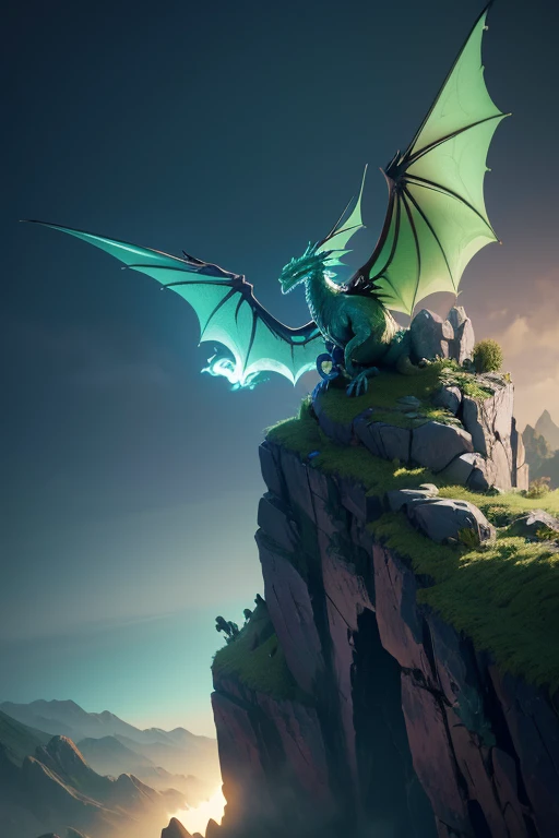 Dragon with wings on top of a cliff, color verde, fuego, llamas, lanzando llamas en la boca (obra maestra), Mejor calidad, high resolution, 4k, 8k, detailed illustration, detalle intrincado, cinematic lighting, amazing quality, Amazing shading, Soft lighting, fuego alrededor.