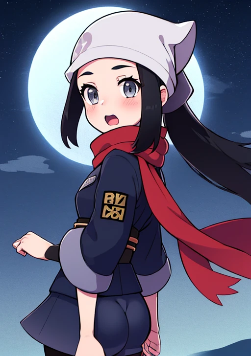 akari, 1girl, solo, long hair, looking at viewer, blush, open mouth, skirt, shirt, black hair, jacket, ponytail, bare ass, pantyhose, sidelocks, outdoors, sky, looking back, cloud, twitter username, scarf, grey eyes, sash, black shirt, eyelashes, night, floating hair, white headwear, moon, star (sky), night sky, full moon, grey skirt, red scarf, grey jacket, head scarf, galaxy expedition team survey corps uniform, floating scarf