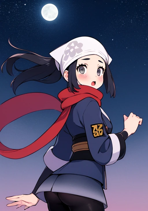 akari, 1girl, solo, long hair, looking at viewer, blush, open mouth, skirt, shirt, black hair, jacket, ponytail, bare ass, pantyhose, sidelocks, outdoors, sky, looking back, cloud, twitter username, scarf, grey eyes, sash, black shirt, eyelashes, night, floating hair, white headwear, moon, star (sky), night sky, full moon, grey skirt, red scarf, grey jacket, head scarf, galaxy expedition team survey corps uniform, floating scarf